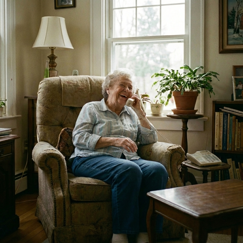 Elderly woman smiling while talking on phone